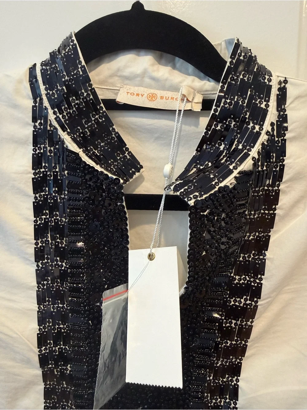 Brand New Tory Burch Woven Trim Cream Tunic Top with Black Accent